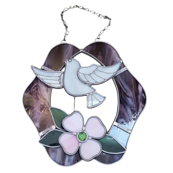 Hand Crafted Other - Suncatcher Stained Glass White Dove In Flight Pink Rose Purple Leaded Handmade